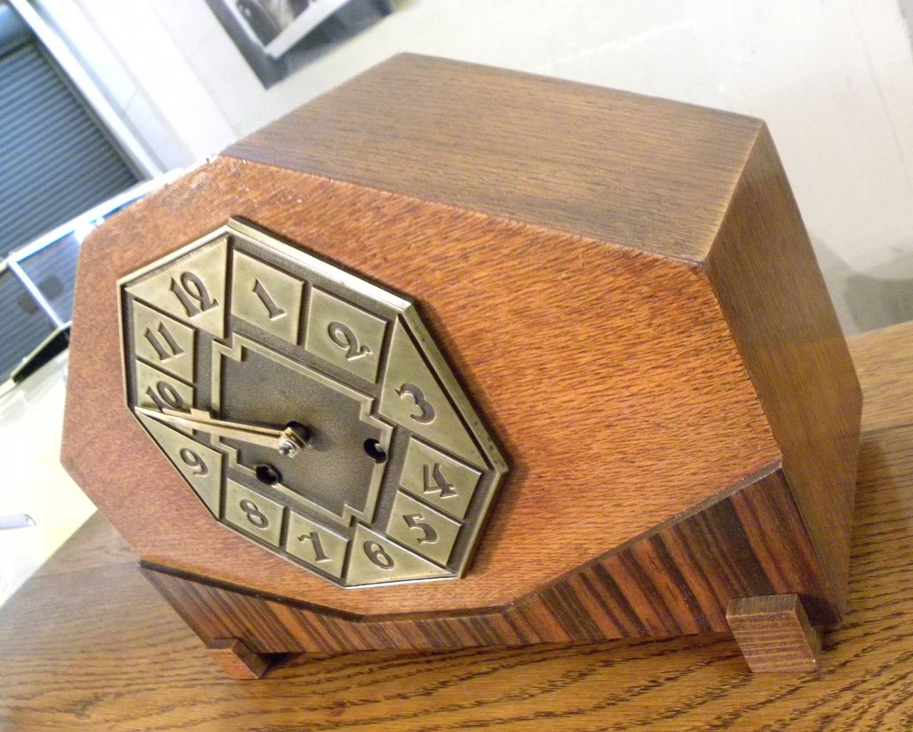 Striking Art Deco Mantle Clock with Mixed Wood and Brass Detail For Sale 4