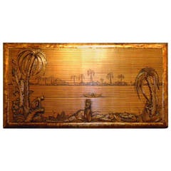 Tropical Art Deco Jungle Scene Carved Panel on Zebra Wood Painting