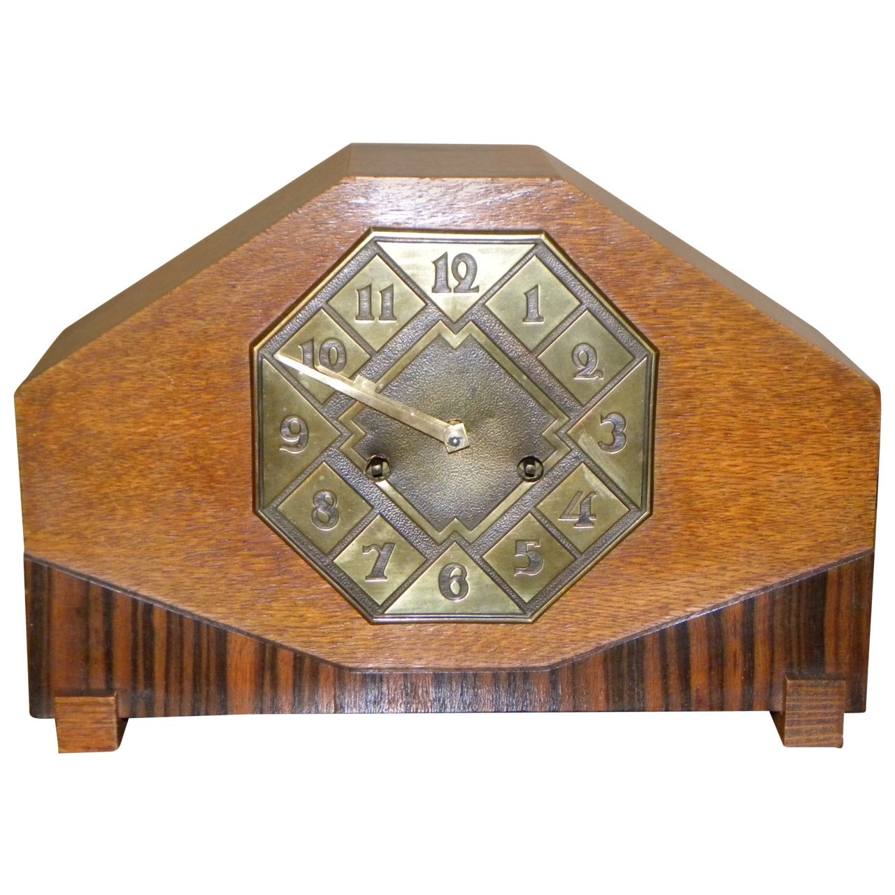Striking Art Deco Mantle Clock with Mixed Wood and Brass Detail For Sale