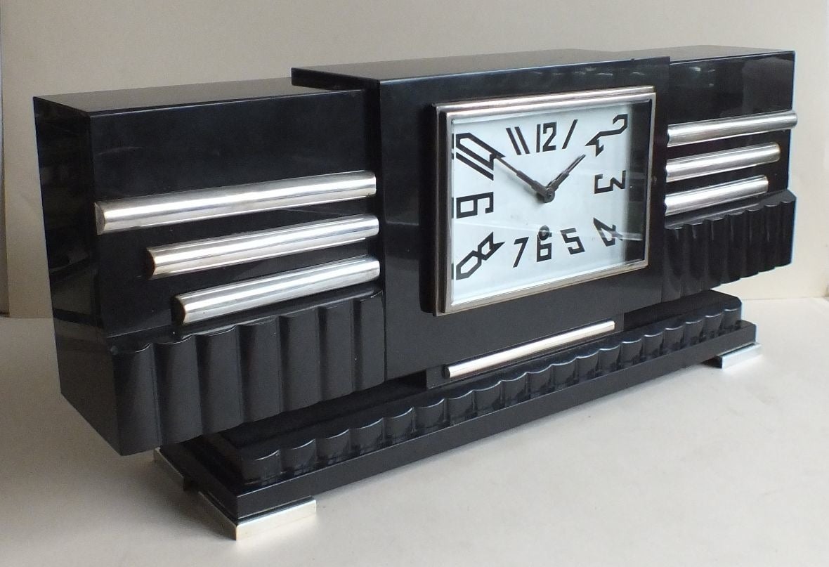 Stunning Modernist Art Deco Black Marble  French Clock by Marti