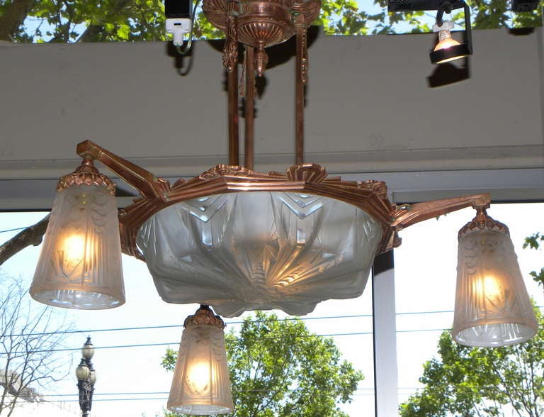 Outstanding Mueller Modernist Copper Fixture, Unusual Color French Art Deco 2