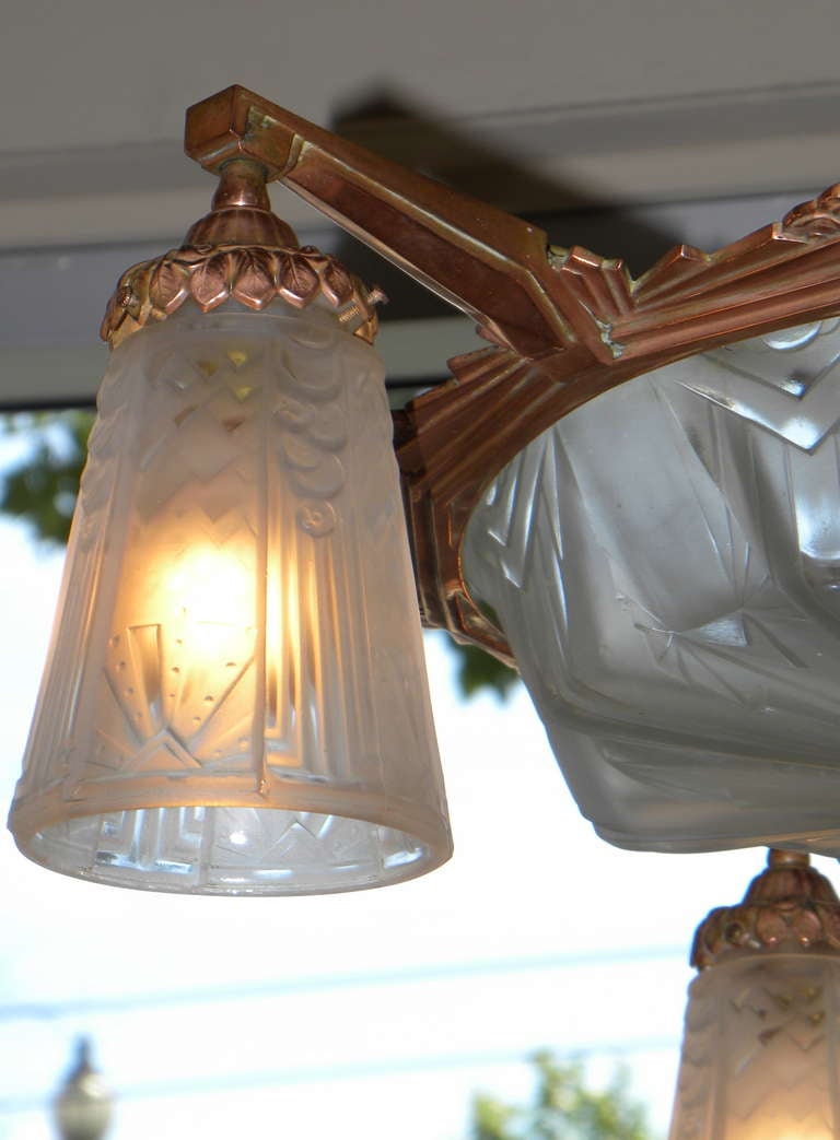 Outstanding Mueller Modernist Copper Fixture, Unusual Color French Art Deco 4