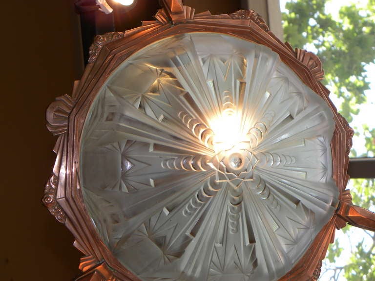 Outstanding Mueller Modernist Copper Fixture, Unusual Color French Art Deco 1
