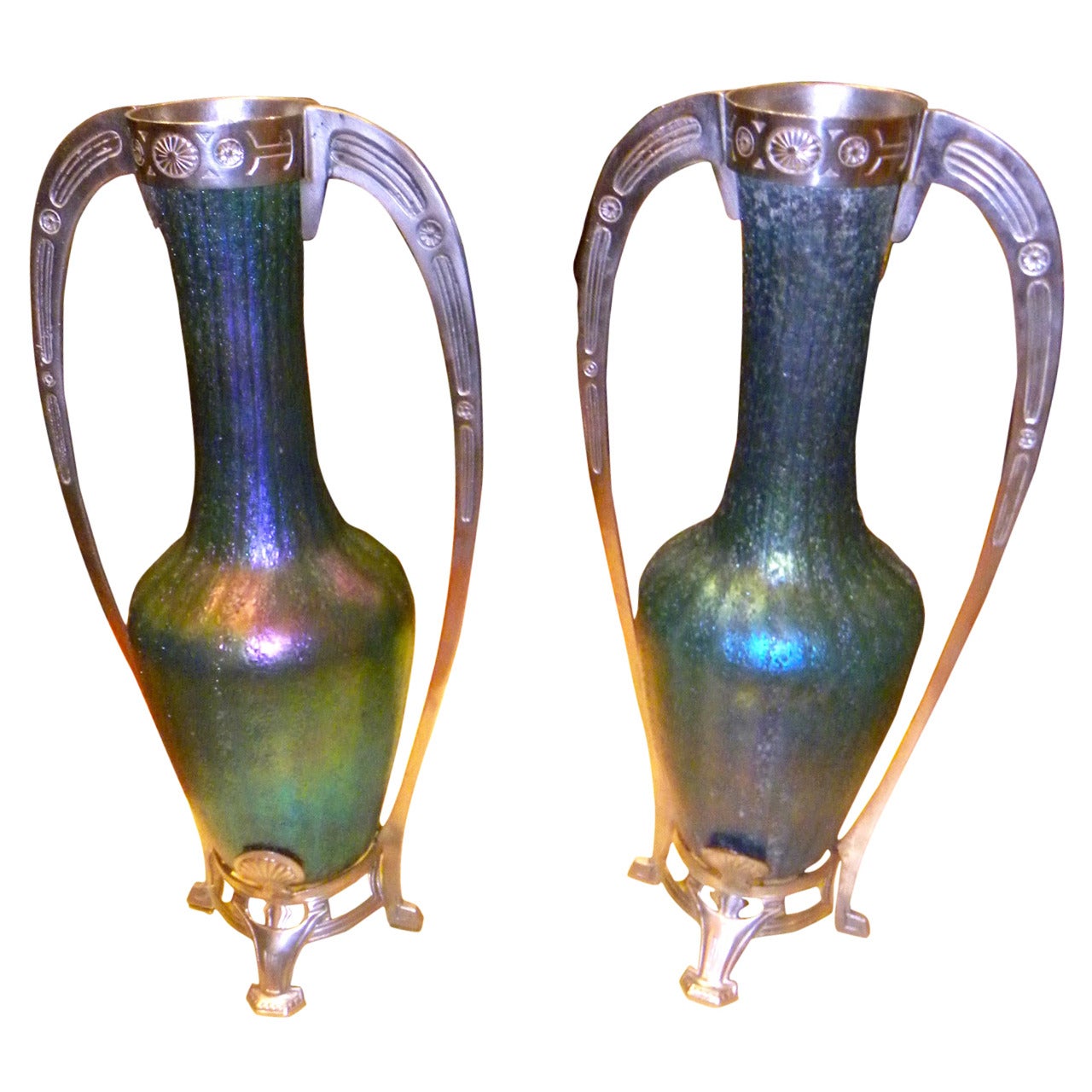 Art Nouveau Loetz Style Glass Vases with Metalwork