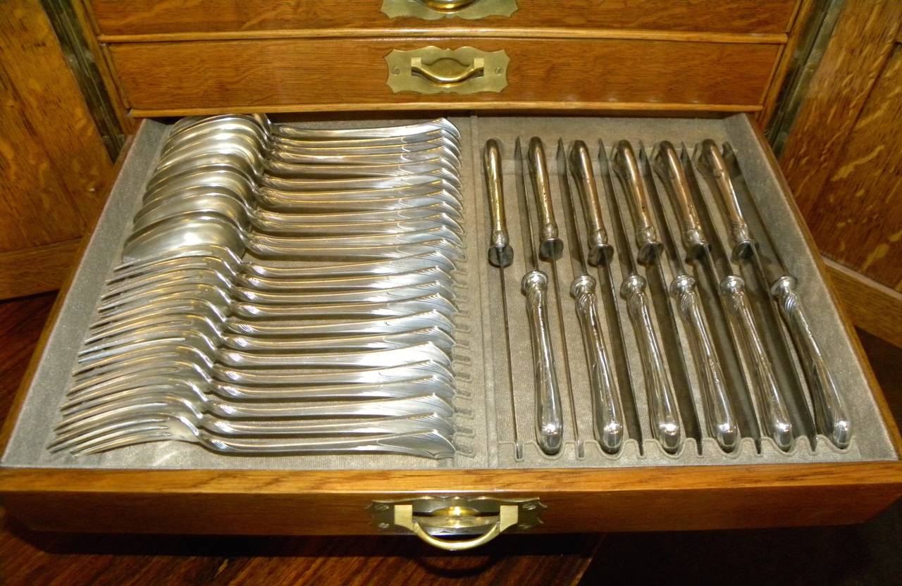 French Christofle Flatware Art Nouveau Service for 12 in Original Oak Box