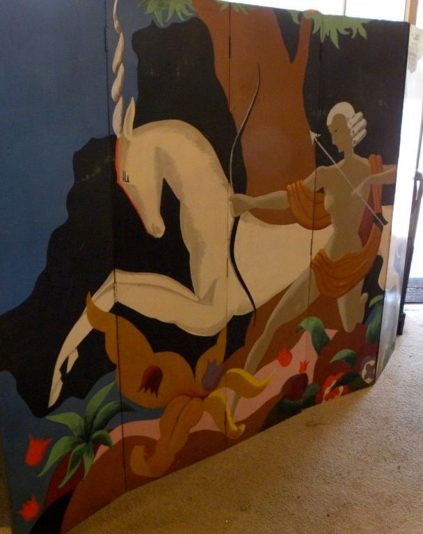 Original French Art Deco Screen with mural image of Diana- Icart