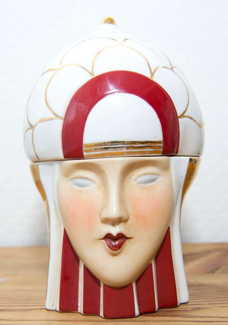 Perfect original condition without restorations or cracks. Sold individually, all pictured in the definitive book on Robj decorative ceramics from the period of 1925-1930. Woman with crown and Bordeaux color. Each figure is beautifully rendered with