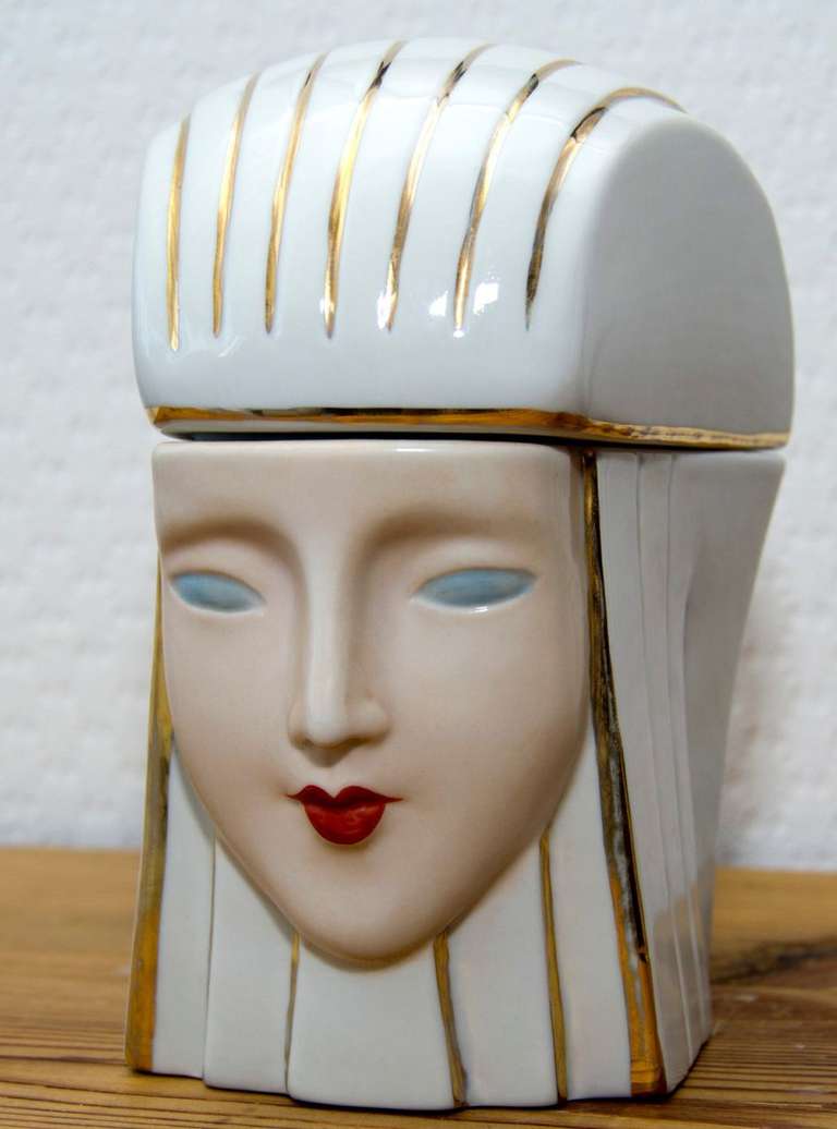 Perfect original condition without restorations or cracks. Sold individually, all pictured in the definitive book on Robj decorative ceramics from the period of 1925-1930. Woman with white headdress and gold lines. Each figure is beautifully