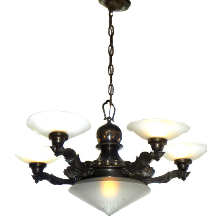 Classic Czechoslovakian Art Deco Bronzed Five-Arm Chandelier For Sale