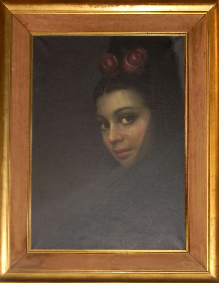 Argentine Art Deco Painting Mysterious and Beautiful Spanish Woman