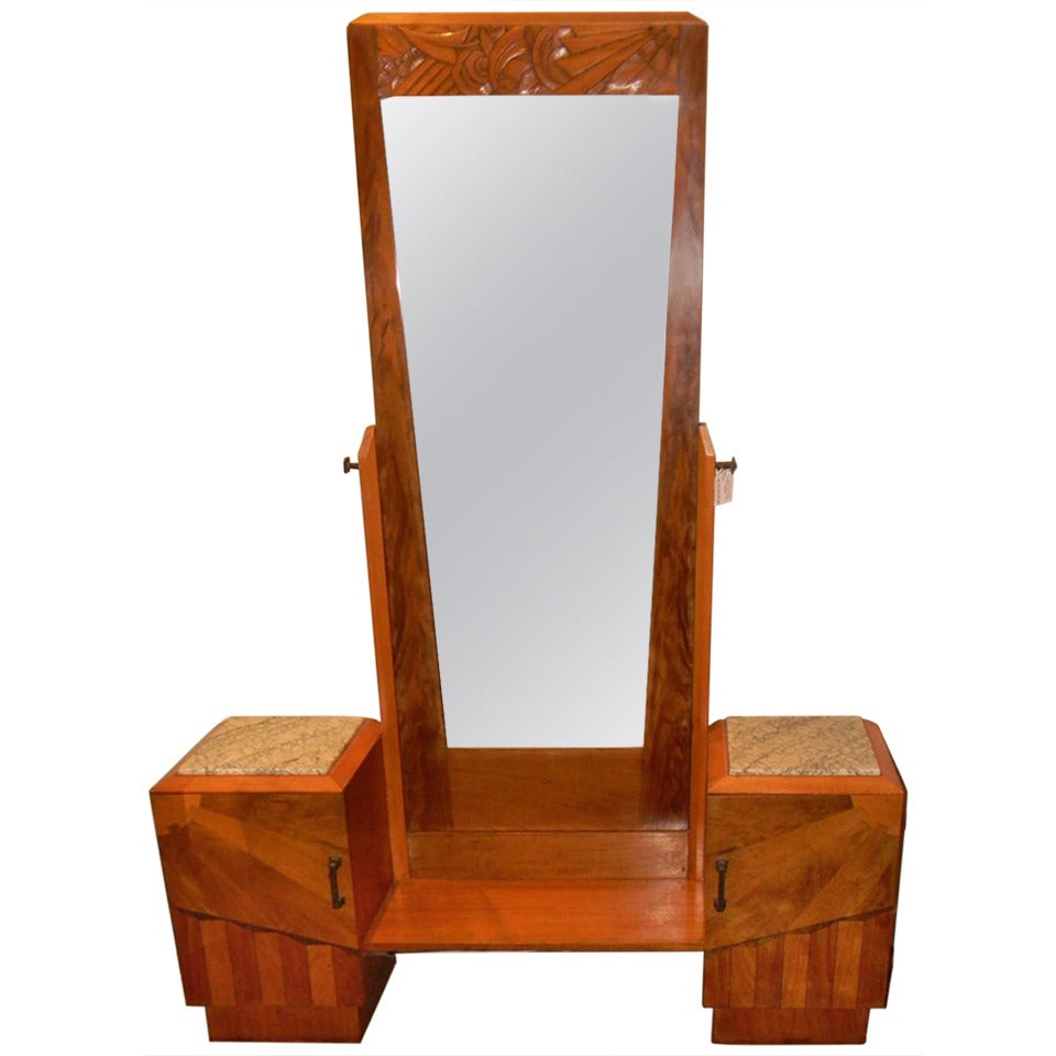 French Art Deco Carved Wood Vanity & Mirror For Sale