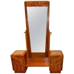 French Art Deco Carved Wood Vanity & Mirror