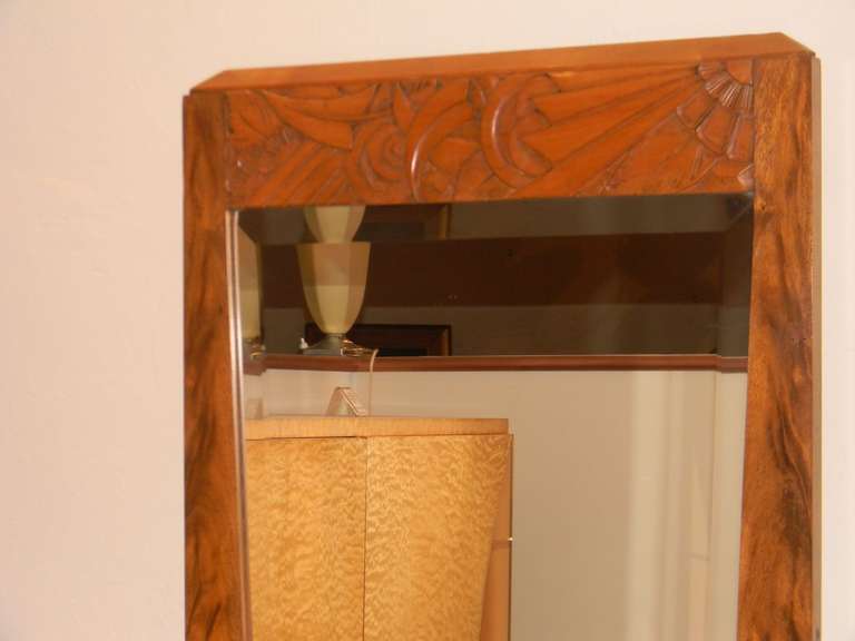 Mid-20th Century French Art Deco Carved Wood Vanity & Mirror For Sale