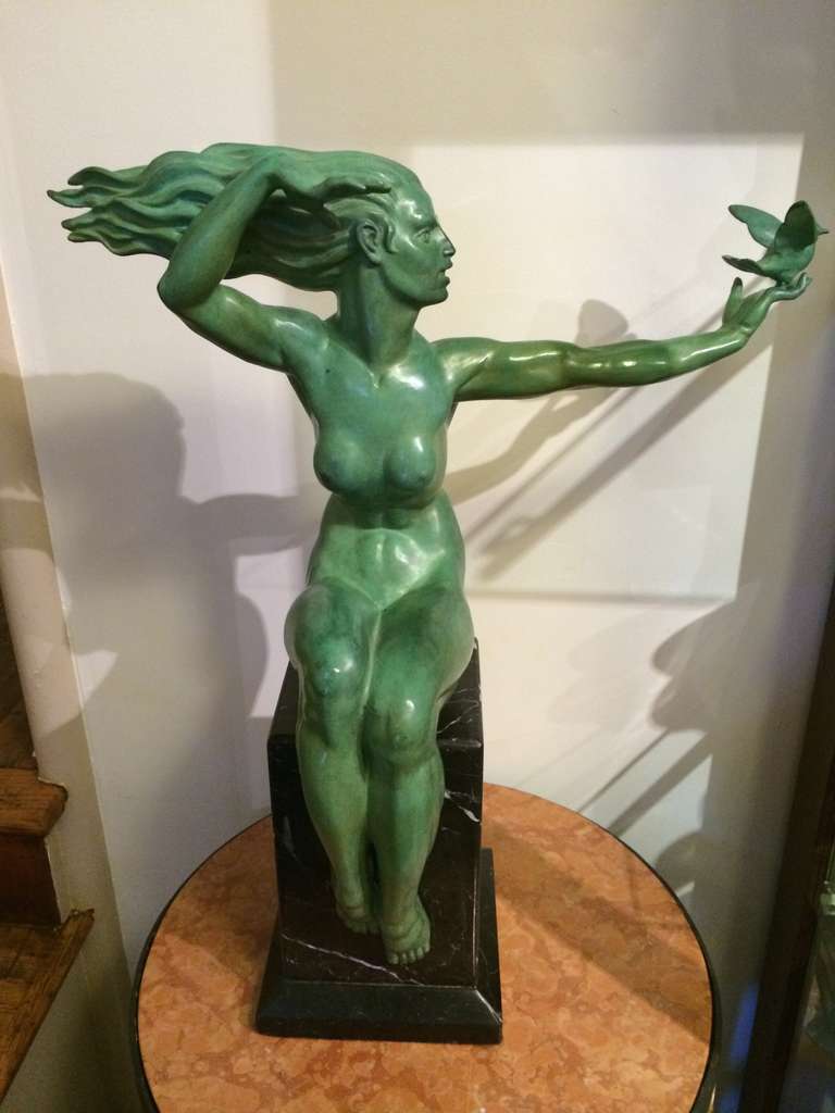 French Spectacular Bronze Art Deco Sculpture of Woman with Bird