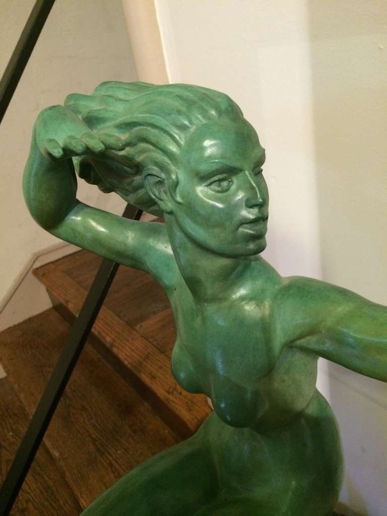 Spectacular Bronze Art Deco Sculpture of Woman with Bird 2
