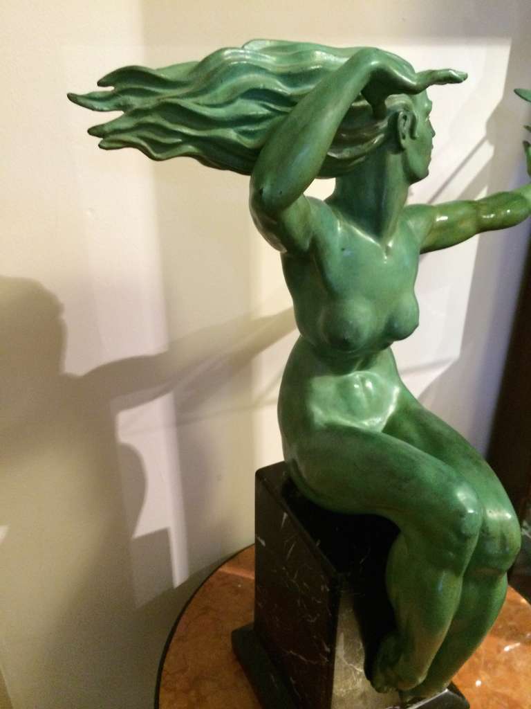 Spectacular Bronze Art Deco Sculpture of Woman with Bird In Excellent Condition In Oakland, CA