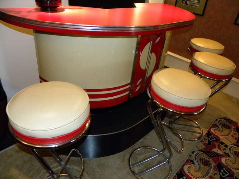 Original Art Deco Streamline Modern Bar with Matching Stools 1
