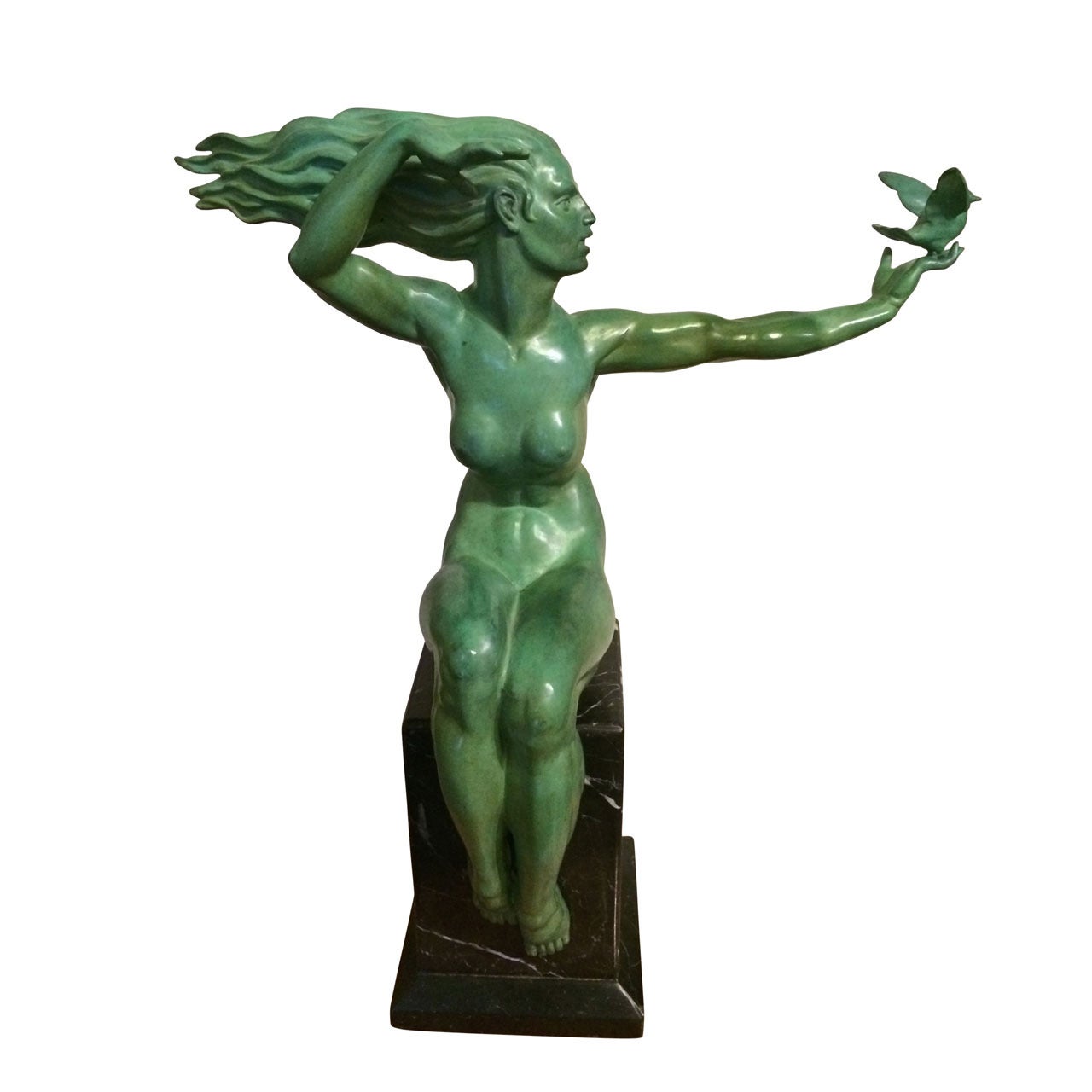 Spectacular Bronze Art Deco Sculpture of Woman with Bird