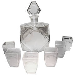 Baccarat Artt Deco Etched Decanter and Six Glasses