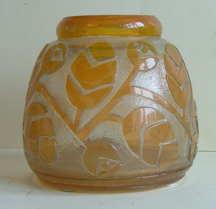 A very rare 1920's Art Deco deep acid etched Daum glass vase, this is the real thick walled heavy glass - it weighs over 6lbs! <br />
Beautiful pale orange color with black flecks acid etched right through to the clear below with a fabulous design