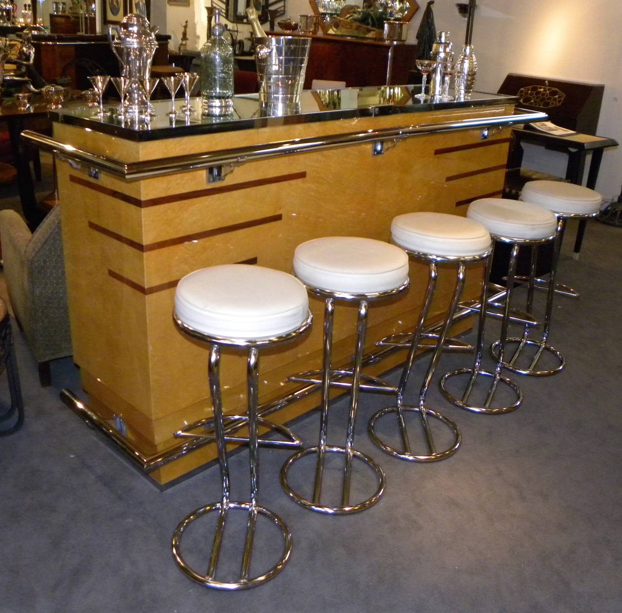 French Art Deco Glamour Bar and Bar Stools In Excellent Condition In Oakland, CA