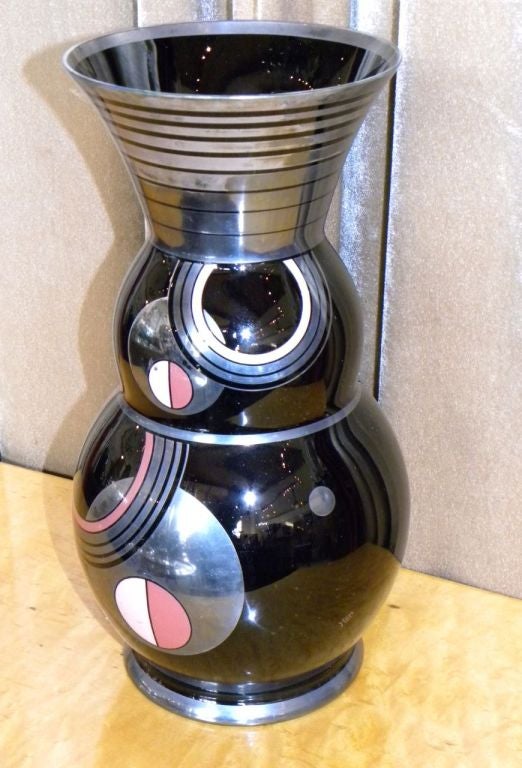 Very rare black Modernist Glass Vase made and signed by HEM circa 1930.  Enamel and silver leaf is used to create striking designs with a  brilliant  Bauhaus palatte and  modern point of view. The stamp on the bottom is 