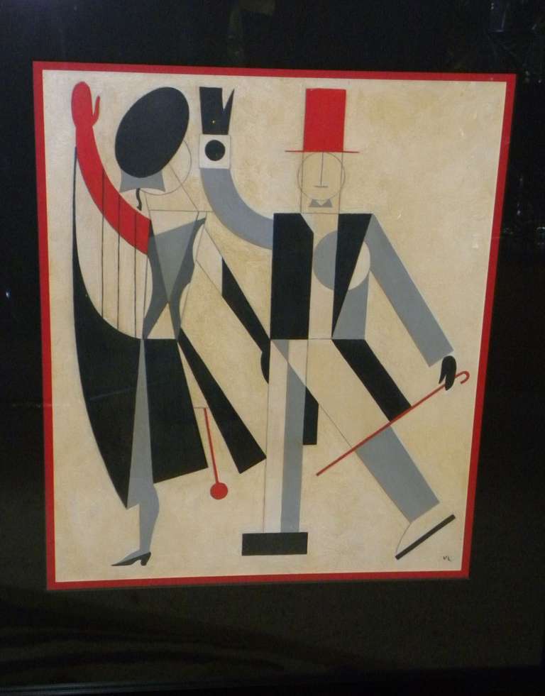 This wonderful modernist couple all dressed up in their finest cubist clothes with a rather Bauhaus point of view, so 20th Century.  This original gouache and tempura with lots of nice background brush detail was executed in the 1930's by one of