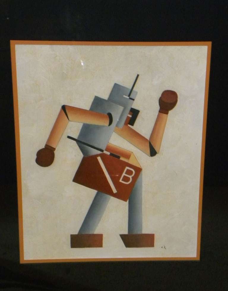 This fun animated style original cubist painting is by Vilheim Lundstrom. The subject is a rather modernist styled robot (with gloves).  This original gouache and tempura with lots of nice background brush detail was executed in the 1930's by one of