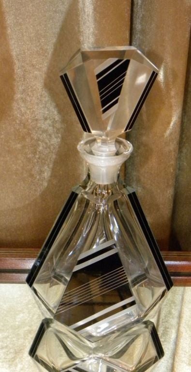 Modernist Czech Cubist Glass Decanter and 6 glasses In Excellent Condition In Oakland, CA