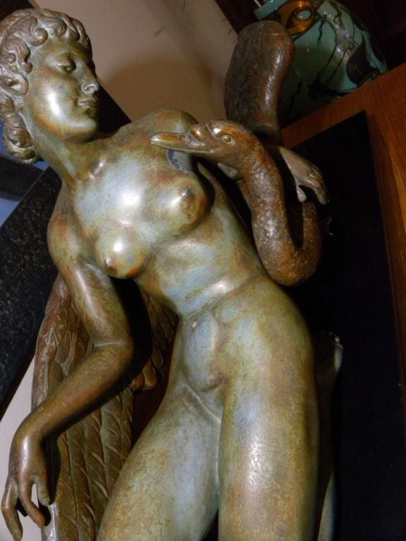 Patinated Leda and the Swan, French Art Deco sculpture by Neva