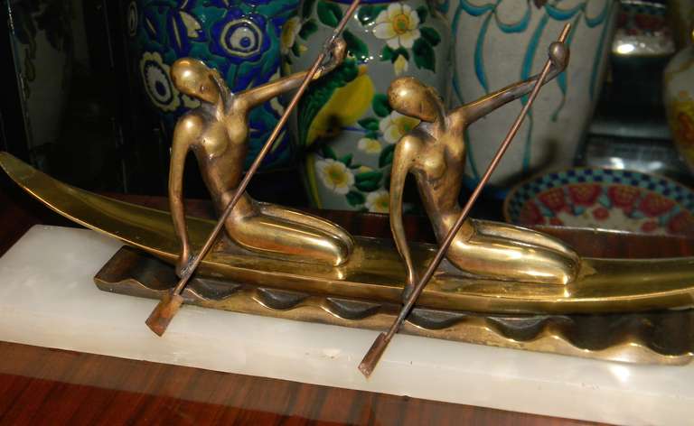 Art Deco Bronze Statue of Two Women on Boat In Excellent Condition In Oakland, CA