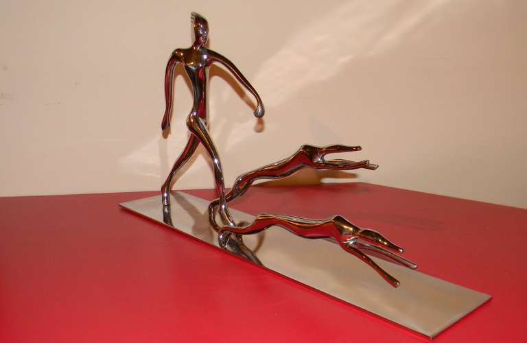 Art Deco Chrome Statue of Woman with Dogs 4