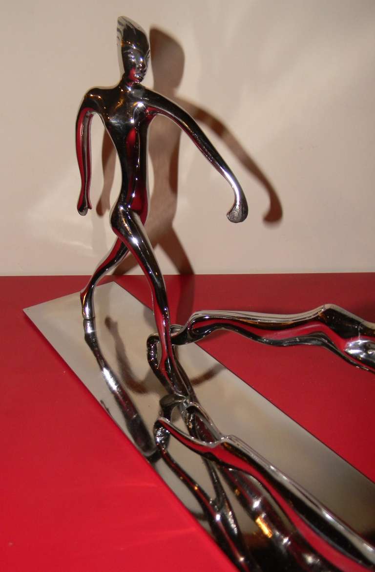 Art Deco Chrome Statue of Woman with Dogs 3