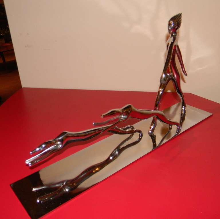 Art Deco Chrome Statue of Woman with Dogs 1