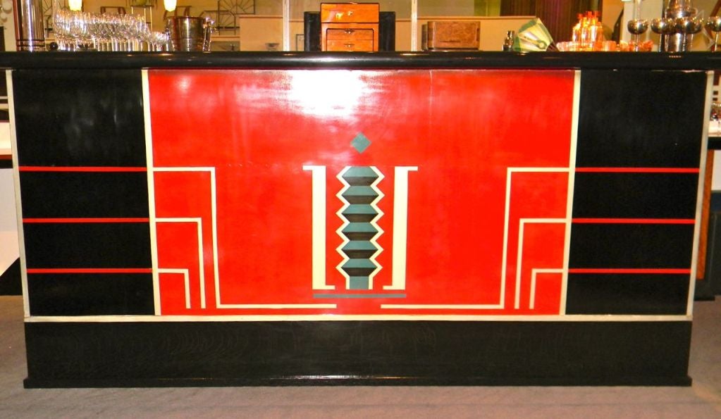 WOW, WOW, WOW, now who has a place for this very special (one of a kind) bar.  Wish I did! Great painted front design in Chinese Red lacquer with silver leaf, gold leaf and stepped geometric designs.  Very unusual style, purchased in the Southern US