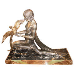 French Art Deco Statue, "Woman with Bird"