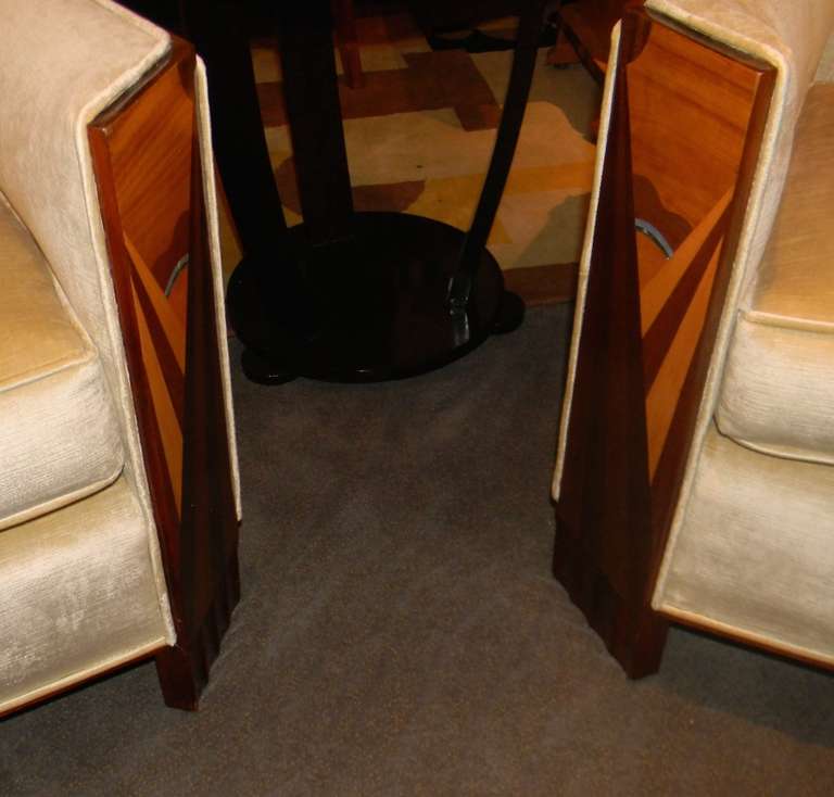 Wood French Art Deco Club Chairs, Cubist with Sunburst Marquetry Panels