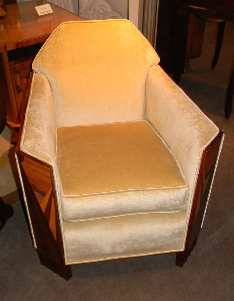 French Art Deco Club Chairs, Cubist with Sunburst Marquetry Panels In Excellent Condition In Oakland, CA
