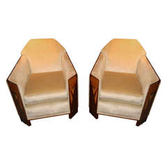 French Art Deco Club Chairs, Cubist with Sunburst Marquetry Panels