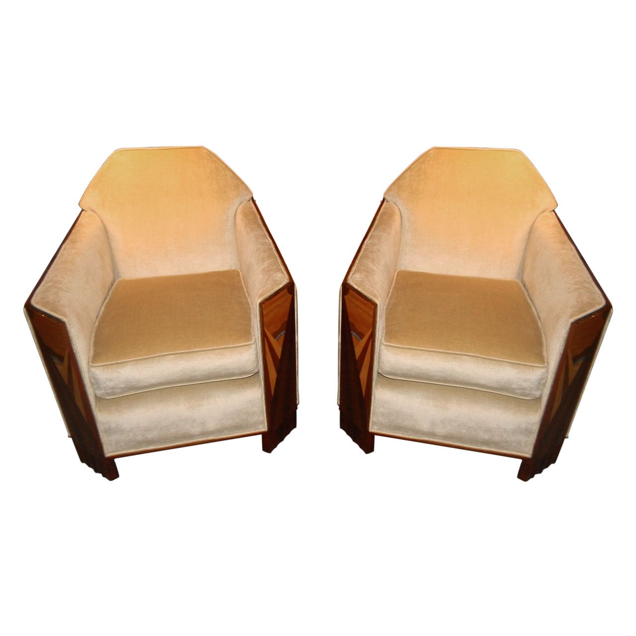 French Art Deco Club Chairs, Cubist with Sunburst Marquetry Panels
