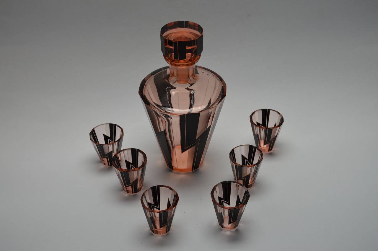 Mid-20th Century Czech Modernist Art Deco Decanter Liqueur Bottle and Six Glasses Karl Palda