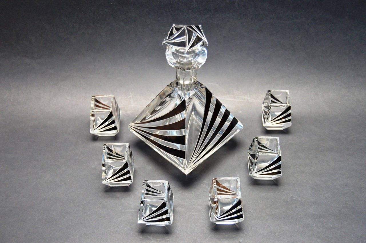 Crystal Modernist Art Deco Decanter Bottle with Six Glasses Designed by Karl Palda