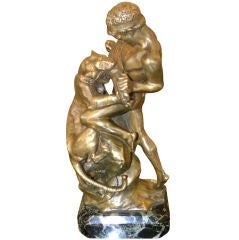 Bronze original sur marbre d'Edward Drouot Homme combattant un tigre