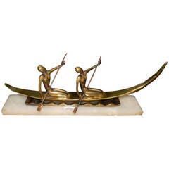 Vintage Art Deco Bronze Statue of Two Women on Boat