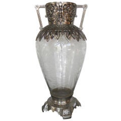 Very unique etched glass vase with sun-god metal work jardiniere