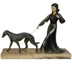 Vintage French statue of Woman and Borzoi dog, signed: S Cali