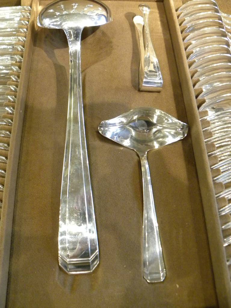A complete set of flatware is extremely rare to find. The set is created in the French style of Art Deco was found in Argentina. Made from the highest quality silver plate with shapes and sizes to fit the most demanding table setting. The pattern is