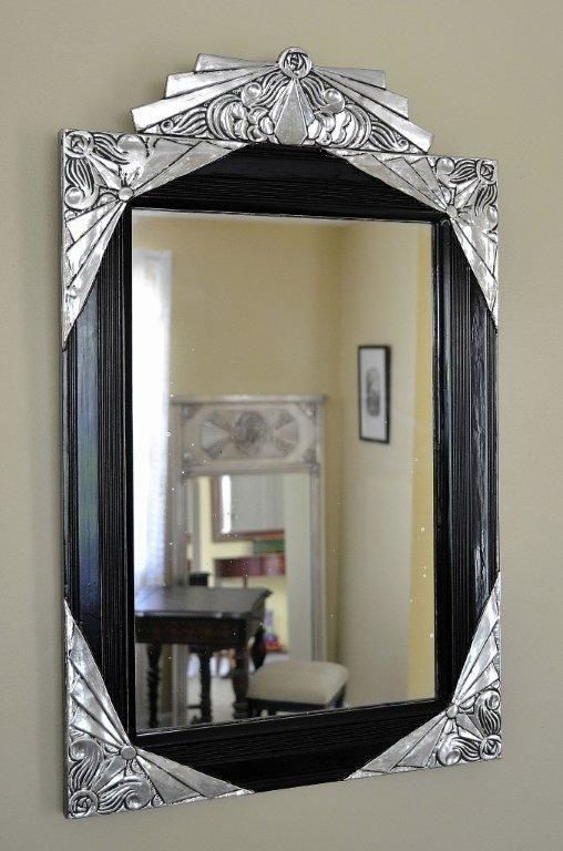 Stunning carved 1930's French mirror with Ebony black and silver 1