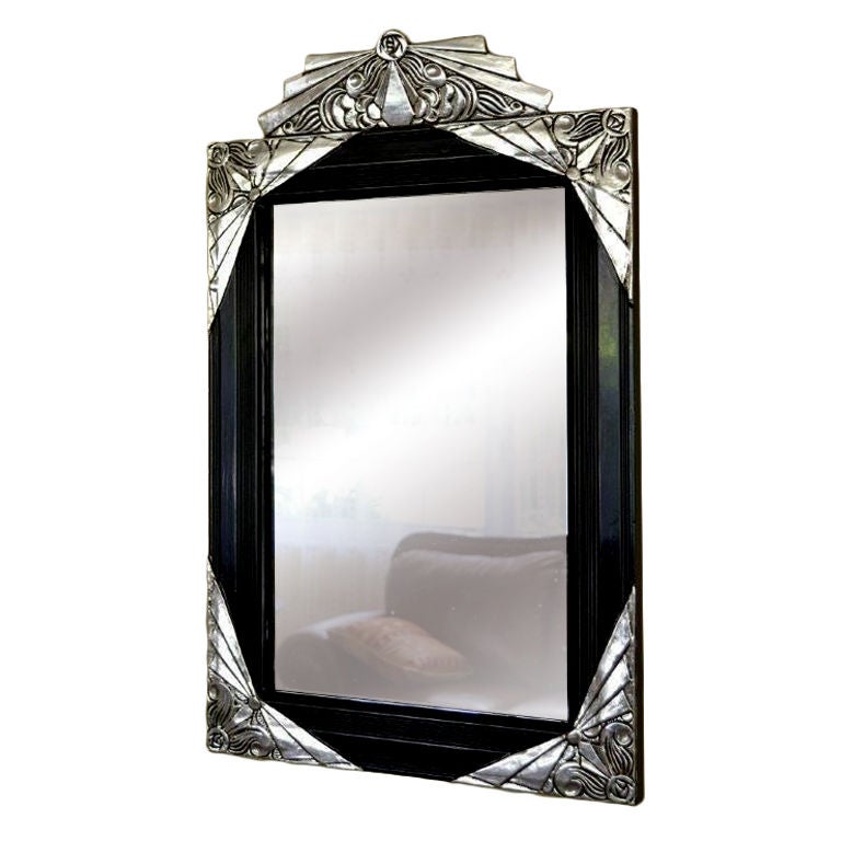Stunning carved 1930's French mirror with Ebony black and silver