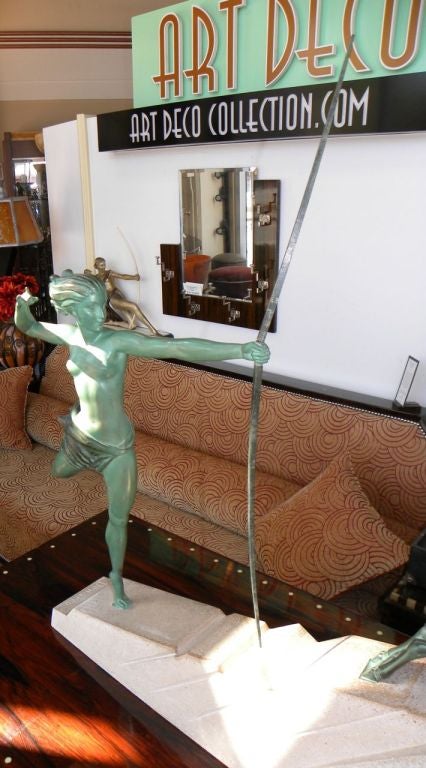 Presented here is one of the finest sculptures we have had to date. It is the epitomy of great Art Deco design, showing all the signs of a classic, both in style, quality and presence. This is Diana the Huntress, a theme often repeated in Art Deco